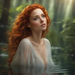 amazingly beautiful forest nymph, redhead, intimate, open minded, alluring, dynamic poses, the clouds are rich in color and can be seen in the reflection off the water, ray tracing, beautiful facial features, wavy hair, face illumined, face detailed, soft smile, sun rays, detailed facial features, detailed eyes