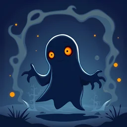 Cartoon whimsical fantasy nighttime ghost made of shadows and gas with orange eyes