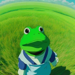 A green frog smiling with a blue hat on and wearing blue overalls skipping and dancing around in a field during a sunny day. Bokeh, fisheye.