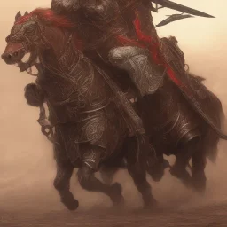 Nomad cavalry inline attacking. Horses. Damascus steel. Red. Sharp details. Roar.