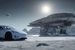 A Tesla 'Model S' is parked, on the planet 'Hoth'. CINEMATIC. WIDE ANGLE LENS. PHOTO REAL.