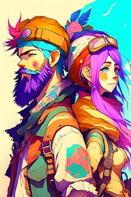 anime couple, adventurers, colorful, man with beard