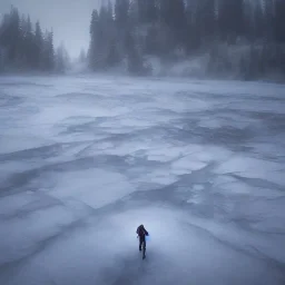 photograph, hyperreal, lost, feeling, person, biped, winter landscape, ice field, crystals, surreal, dreamlike, foggy