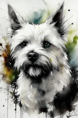 Portrait of a White West highland terrier dog with happy expression in loose abstract watercolour, wet on wet, and splattering in the style of Agnes Cecile, Willem Haenraets, Yoji Shinkawa, Guy Denning, Florian Nicolle with chalk and rough pastel on rough, textured paper