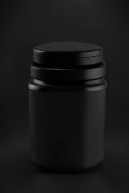 black container, plastic, realism, with screw lid, no labels, round container, view from the front, protein powder, dark studio setting, black background