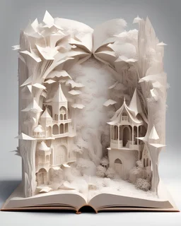 a beautifully ornated fairytale book open in half, from the center pages appears a pop-up origami market in italy; Papercraft, fairytale, children popup book, soft shadows, ambient occlusion, studio lighting, high quality studio advertising photography, 8k, white paper, white background, monochromatic