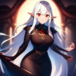 Clear focus,High resolution, High quality, elf, long white hair, red eyes, intricate details, insanely detailed, black dress