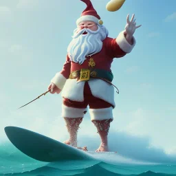 Santa standing of surfboard surfing a big wave, surfboard, beach, character design by cory loftis, fenghua zhong, ryohei hase, ismail inceoglu and ruan jia. unreal engine 5, artistic lighting, highly detailed, photorealistic, fantasy