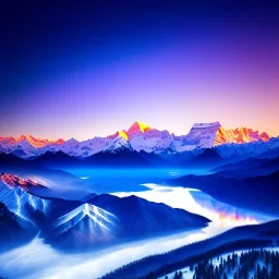 A small frozen crystal blue lake centered around snowy himalayas mountains, high resolution, realistic, beautiful, volumetric lighting, colorful, masterpiece, crystalline,dawn,cloudy, detailed, aerial view, 8K, intricate details, cyberpunk, cosmic