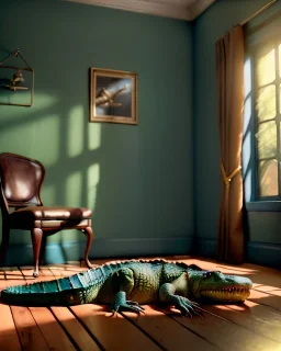 Room scene with alligator sleeping, Wes Anderson styler, realistic image, concept art, smooth, unreal engine 5, god lights, ray tracing, RTX, lumen lighting, ultra detail, volumetric lighting, 3d.