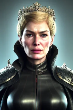 Cersei Lannister as evil queen in black leather coat, busty, cleavage, voluptuous, lena headay, angry, stern look. character design by cory loftis, fenghua zhong, ryohei hase, ismail inceoglu and ruan jia. unreal engine 5, artistic lighting, highly detailed, photorealistic, fantasy