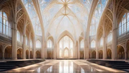 futuristic fantastic symmetrical cathedral interior view, year 2160, sunshine, beautiful, colorful, totally symmetrical design, style Shigeru Ban, innovative architecture, award-winning photograph, awesome, serene, inspiring, spiritual, impressive, cinematic lighting, epic composition, photorealism, very high detail, Unreal Engine, Octane render, HDR