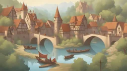 medieval gothic village on a lake with bridges, people, balconies, trees