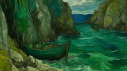 A greenish blue watery cove with barracudas painted by Vincent van Gogh