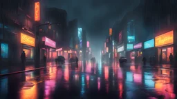 A cityscape at night, with rain pouring down and neon lights reflecting off the wet pavement. The buildings seem to sag under the weight of the melancholic atmosphere, as if they too are affected by the mood.