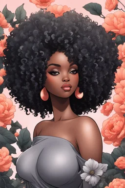 Create an comic image of a curvy black female wearing a grey off the shoulder blouse and she is looking down with Prominent makeup. Highly detailed tightly curly black afro. Background of large peach and grey flowers surrounding her