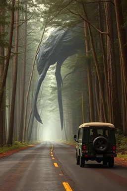 Fantasy forest road a giant alien creature waiting for a ride on the side of the road