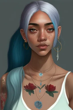 Young woman with big grey eyes, brown skin, rosy cheeks, long silver earrings, really long straight blue hair in ponytail, round face, slim body, big bobs, green shirt, red flower tattoo on collarbone,