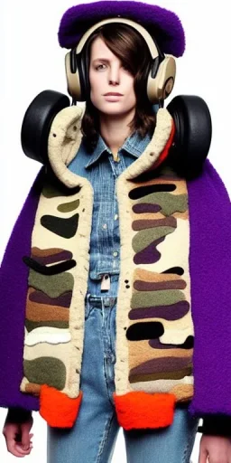 Brunette she. average body type. big head. Mantle is sewed of upcycled Denim and sewed together of camouflage pieces. Pieces' color are orange, cream and purple. It is with big bright purple felt tippet and cream-colored-hood. mantle is merged with satchel. . Big AKG-style headphones (gold rings!) is merged with small felt cap with small visor. Style: Haute Couture in 1910's, Paris fashion in 1998, inspired by street art. Cream latex gaiter. Her head and rest body!