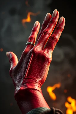 A hand palm fest with a ring in the index finger, red skin, scales, unreal engine 6, high detail, intricate, cinematic. photoshoot style, intricate, studio lighting, masterpiece , highly detailed, 8k, best quality, fire, smoke, dramatic,d,<lora:mshn:0.7>,<lyco:Warrior_Couture:0.5>,