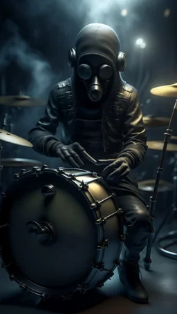 A drummer playing the drums ,wearing gas masks, they are tied to their musical instruments ,surrealism of the dark of a nightmare ten miles high and six foot deep, hyper photorealistic, hyper detailed dark art color, high resolution, fog, octane render, tilt shift, HDRI Environment, all pictures dark gray