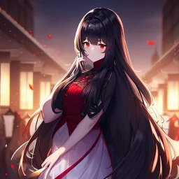 Clear focus, high resolution, black long fluffy hair, red eyes, wearing a cute outfit