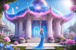 un tempio magico di un altro pianeta con tetto aperto in stile ferico con natura e fiori rosa e azzurri e cristalli e gemme in giardino con due colonne di luce e cielo aperto luminoso. in primo piano Davanti c'è una bellissima donna vestita con una tuta cosmica azzura e brillante che guarda dritta in avanti verso l'obbiettivo