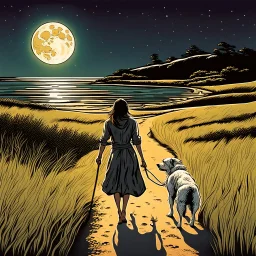 A woma and Irish Sutter dog are iwalking in the field leading to the beach under a full moon,