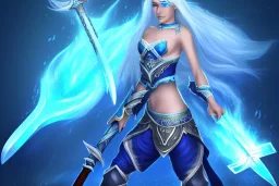 [Sea Elf] [Maormer] Hero Queen with [white hair] and [blue skin] wielding a blue glass greatsword on a ship with crew [fantasy] [realism] [Elder scrolls]