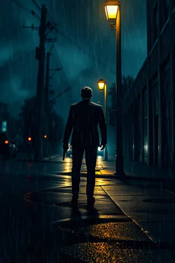 butler standing on a dark street corner facing away from the camera. a gun in his hand. modern fantasy. 4k. photorealistic. Stormy night background. rain foreground