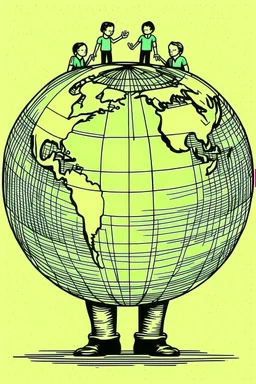 Vintage pop art style, stick figures holding hands around a globe