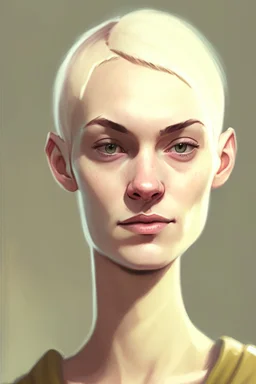 full colour drawing, portrait, 22-year old friendly slender female human cleric, shaved head, blonde eyebrows