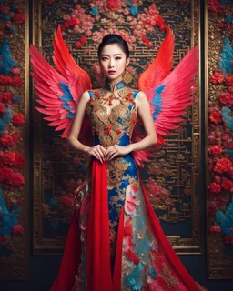 Gorgeous photography full body Beautiful super model Chinese dressing Lady Angel colorful art conceptual, amazing artwork, hyper detailed, ultra maximalist quality, 12k , close-up portrait,crystal ornaments vbackground