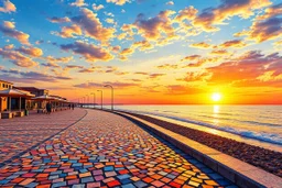 create a digital mosaic landscape of a seafront walkway, beach promenade paved with multicolor mosaic stones, rising sun made of glowing tessellated fragments, sky composed of abstract colorful stained glass patterns, serene and artistic sunrise vibe --ar 3:2 --v 7 --style raw