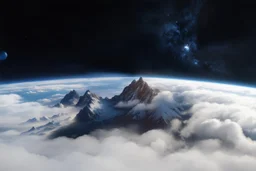 a fog planet's atmosphere is pierced by a single enormous mountain peak. a curved horizon separates the starry space
