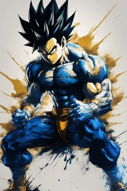 Poster in two gradually, a one side the vegeta face, another side "goku face", full body, sit pose, painting by Yoji Shinkawa, darkblue and GOLD tones,sinister, detailed iridescent, metallic, translucent, dramatic lighting, hyper futuristic, digital art, shot with Sony Alpha a9 Il and Sony FE 200-600mm f/5.6-6.3 G OSS lens, natural light, hyper realistic photograph, ultra detailed -ar 3:2 -q 2 -s 750,malevolent goth vampire girl face and other side