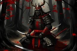 yokai, oni, samurai armor, blood, forest