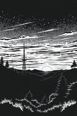 Black and White Woodcut art - Vistas, Radio Towers, sunsets