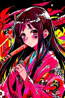 Cute Japanese girl, with pink eyes, a only horn on left side of head, dressed in her pink kimono and a black haori, black long hair with reddish tips, a piece of bamboo covering her mouth, drawing manga style, vibrant colors, in a manga book cover