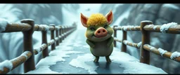 fast and clever cute little evil moss pig named yutt, on icy bridge, motion blur, standing by the guard rails, fantasy 3d realm