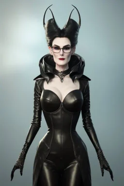 Carmen Dell`orifice as evil queen in black leather, leather, busty, cleavage, angry, stern look. character design by cory loftis, fenghua zhong, ryohei hase, ismail inceoglu and ruan jia. unreal engine 5, artistic lighting, highly detailed, photorealistic, fantasy