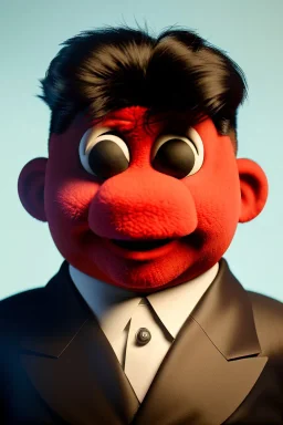 Waist up muppet Portrait, Kim Jong-un muppet doll, black suit, photo studio, red background, unreal engine 5, concept art, art station, god lights, ray tracing, RTX, lumen lighting, ultra detail, volumetric lighting, 3d.