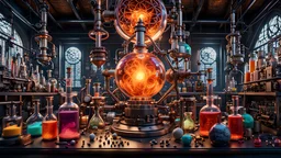 3D rendering of expressively detailed and intricate of a hyperrealistic chemistry laboratory experiment: front view, colorful paint, tribalism, steampunk, shamanism, cosmic fractals, dystopian, octane render, volumetric lighting, 8k post-production, detailed metallic objects, dendritic, artstation: award-winning: professional portrait: atmospheric: commanding: fantastical: clarity: 16k: ultra quality: striking: brilliance: stunning colors: amazing, beautiful, stunning composition, mouse