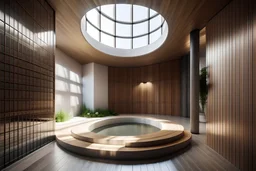 perspectiva interior de un spa con sauna humedo con regaderas de forma circular en el centro de oaxaca de juarez con acceso de puerta corrediza regadera y bañera