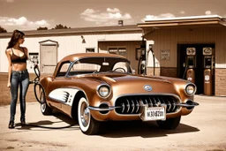 beautiful vintage photography with sepia tones, 1950's, woman in tight jeans and a crop top pumping gas into a 55 corvette at a rustic country gas station, long shot, hyper detailed, trending on artstation, intricate details, highly detailed