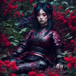 Petit girl goth, lying pose, halfbody, samurai iridescent, blood, futuristic, guts, wildflower, cosmic, intricate, darkred tones, nature, plants,