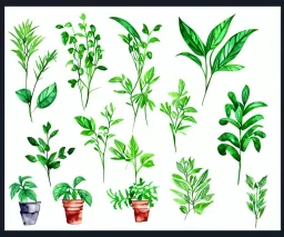 Vector plants and herb set illustration. Watercolor white backdrop