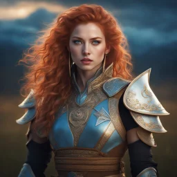 digital art portrait of a beautiful young female fighter, pastel style, fantasy, long messy curly ginger hair, pale blue eyes, fierce, dressed in light reveaing asian fighter outfit, ornaments, choker, standing in fields, night-time, stars, realistic, sexy, cinematic lighting, highly detailed face, very high resolution, centered, looking at the camera