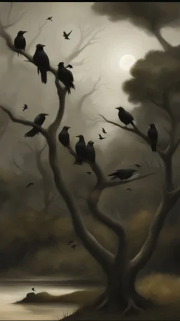 trees and crows with human faces
