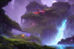 Art by Dylan cole and Eddie mendoza, Avatar concept art, pandora, hovering island with waterfall, landscape, ultra-wide angle, ultra realistic, digital painting, 8 k uhd, volumetric lighting, beautiful, sharp focus, ultra detailed, concept art, studio quality